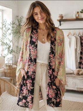 Floral Kimono in Black & Pale Green, sz sm, fits up to Lge, POCKETS